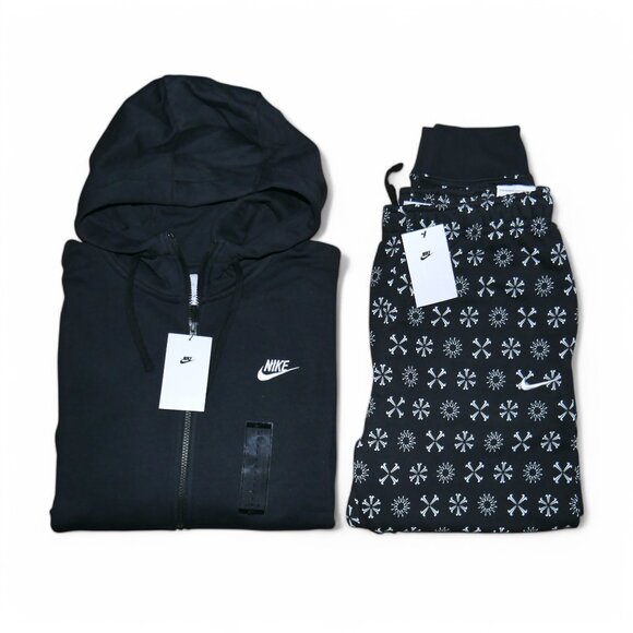 Nike Club Fleece Men's Size L Monogram Sweatsuit 2 PC Tracksuit Black/White NWT - Picture 12 of 13